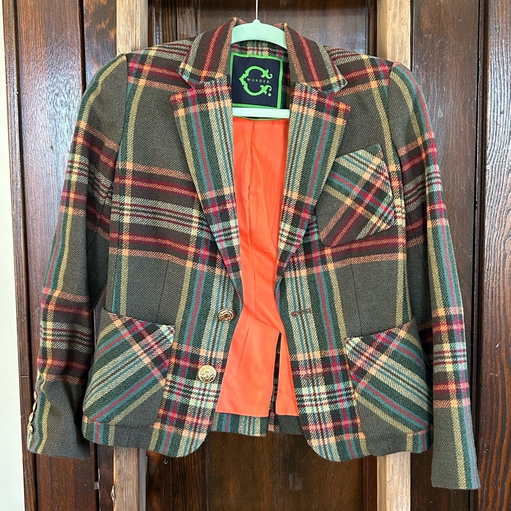 C. Wonder Plaid Blazer with Orange Lining, red suede elbow patches, Sz 0